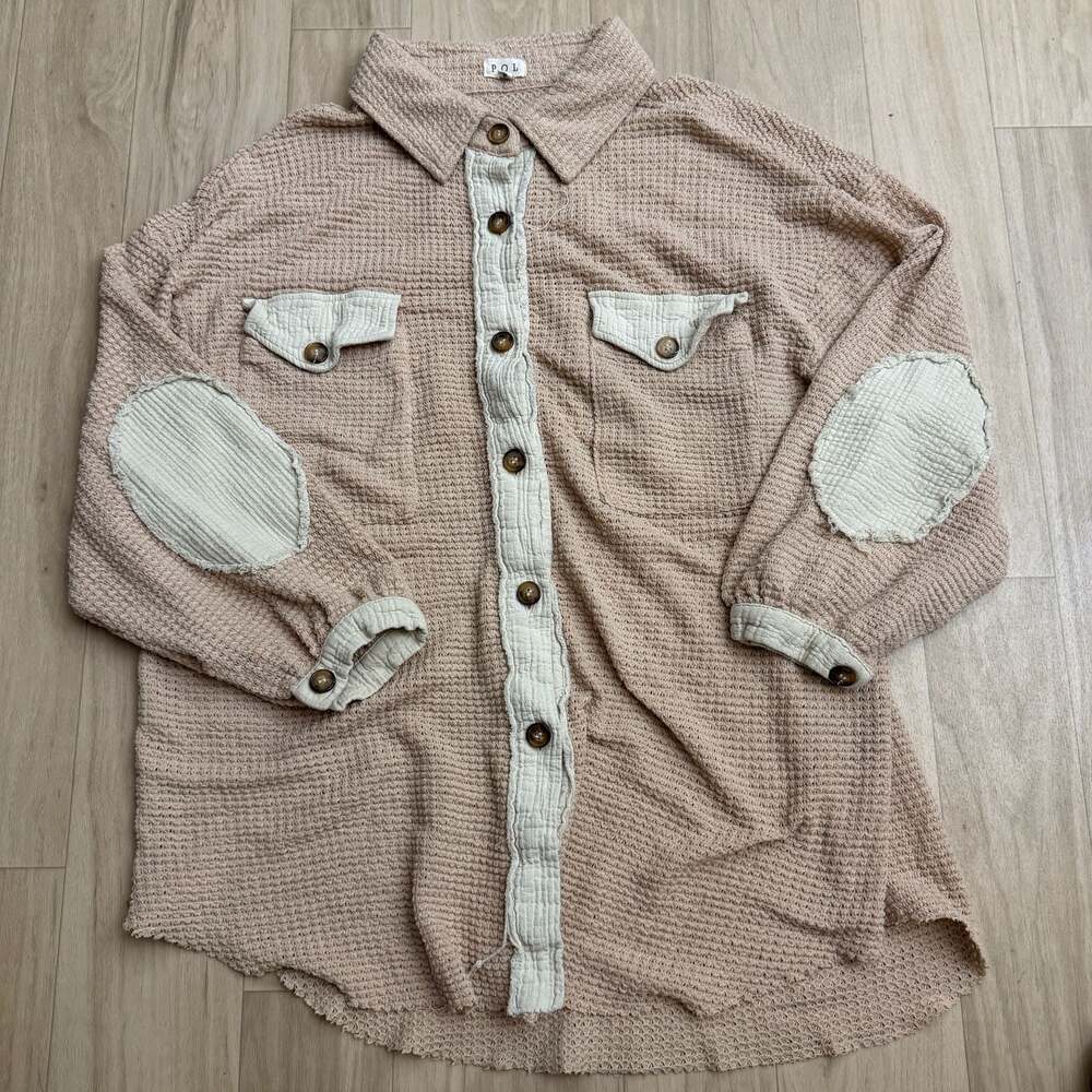POL Waffle Knit Oversized Shacket with Contrast Details